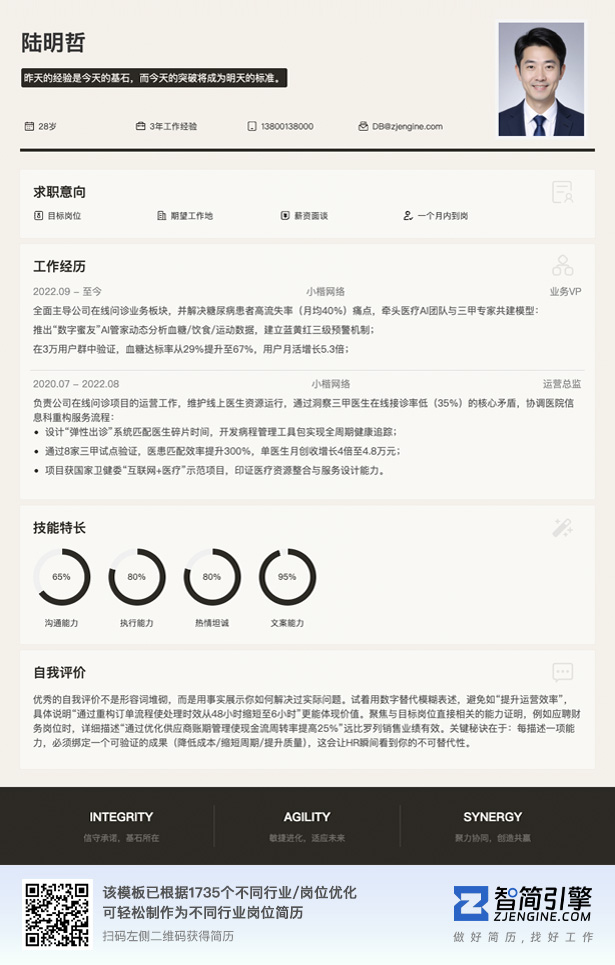 在职求职奶油风简历模板_免费可在线编辑简历模板_可导出上下通栏布局电子模板